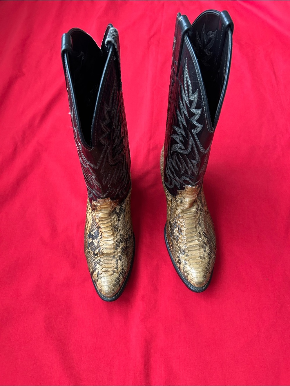 Acme Two-Tone Black Shaft & Natural Snakeskin Cowboy Boots